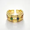 Anillo Abierto Vertical con Patrón de Piedras Preciosas Coloridas Vintage Chiba, Anillo Ajustable de Zirconia Multicolor Texturizado Ancho de Lujo Ligero Joyería