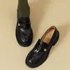Estilo Piel de Vaca~Mocasines de Piel Genuina con Suela Gruesa para Mujer, Zapatos Slip-On para Primavera y Otoño, Zapatos de Tacón Alto Individuales, Zapatos de Piel Negros Estilo Británico