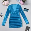 12130 Ropa de Mujer Europea y Americana Transfronteriza Amazon Sexy Escote en V Profundo Fruncido Nudo Retorcido Cruzado Ceñido al Cuerpo Vestido de Manga Larga Mujer