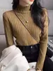 Blusa base texturizada chique azul para mulheres, outono e inverno, gola semi-alta, que reduz a idade, malha canelada interna, suéter de tricô