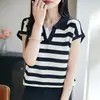 Nueva Camiseta de Punto de Manga Corta para Mujer Lyocell Cuello en V Bloque de Color Rayas Holgada Pullover Primavera/Verano 2026