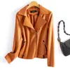 Jaqueta de couro para outono, top curto justo, estilo europeu e americano transfronteiriço, jaqueta biker feminina com gola lapela, jaqueta de pele de carneiro justa, tamanho grande