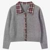Jaqueta Suéter de Gola Xadrez Patchwork Falsa de Duas Peças Estilo Coreano, Novo Cardigã Tricotado Solto Cinza para Mulheres Petite Primavera e Outono