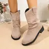 Botas Planas Apiladas de Gamuza Rosa para Mujer, Botines Cortos de Caña Media con Punta Redonda, Estilo Europeo Casual Versátil, Botas para Mujer, Estilo de Comercio Exterior Transfronterizo