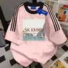 Camiseta de algodón puro de peso pesado para verano, holgada, adelgazante, cuello redondo, estilo BF, nicho, caricatura, tres rayas, manga corta, top unisex, moderno
