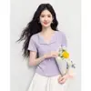 Camiseta de Color Sólido 26 Verano Cuello de Solapa Suave Encaje Plisado Cintura Ceñida Top para Mujer