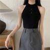 Chaleco de punto con hebilla estilo chino para mujer, top ajustado sin mangas con hombros descubiertos y tirantes interiores, estilo nacional, novedad de verano