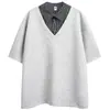 Camisa Polo de Manga Corta con Retazos de Verano Falsa de Dos Piezas para Hombre y Mujer Marca de Moda Suelta Camiseta de Pareja Patchwork Falsa de Dos Piezas Cuello en V Manga Corta
