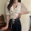 Estilo Transfronteiriço Verão Novo Decote V Cordão Tricô Fino Roupa Externa Feminina Slim Cor Pura Manga Curta Camiseta Top
