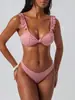 Nuevo bikini de playa Amazon 2027 de color sólido, con volantes, push-up, estilo europeo y americano, de cintura alta, traje de baño de dos piezas para mujer, adecuado para aguas termales