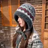 Gorro de punto Fair Isle, marrón, talla grande, grueso, tejido grueso, para mujer, otoño e invierno, pasamontañas extragrande, gorro para clima frío