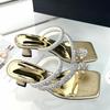 Sandálias Femininas 2026 Verão Novo Estilo com Tiras de Strass, Bico Quadrado, Salto Fino Transparente, Sandálias para Uso ao Ar Livre