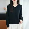 Suéter de malha 100% algodão puro, macio e confortável, com decote V para mulheres, corte casual solto, anti-pilling, peça básica simples, grosso