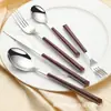 Acero Inoxidable 304 Vajilla para Comida Occidental Portuguesa Vajilla con Textura de Madera Japonesa Cuchillo, Tenedor y Cuchara con Mango de Imitación Madera Juego de Vajilla