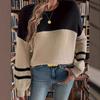 2026 Roupa Feminina Europeia e Americana Transfronteiriça Outono e Inverno Novo Tricô de Manga Longa Feminino Solto Gola Redonda Colorido Bloqueado Suéter Longo Pulôver