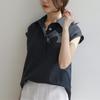 Blusa Camisa Gola Manga Orelha Linho Puro Feminina Verão 2025 Nova Manga Curta na Frente e Manga Longa Atrás Camisa Cauda de Andorinha