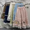 Saia Vintage Bordada com Cintura Elástica Estilo Japonês para Mulheres, Estilo Primavera, Doce e Fresca, Saia Longa Fofa com Patchwork de Renda