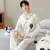 Algodão PuroPijama Masculino de Manga Longa com Gola Reversível, Conjunto de Pijama Listrado Outono para Jovens com Desenho Animado, Corte Amplo