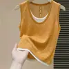 Camisola de Punto Falsa de Dos Piezas Naranja Dopamina para Mujer, Top Delgado de Seda de Hielo sin Mangas de Verano para Ropa Exterior