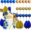 El juego de decoración para pastel de cumpleaños de estilo bohemio de 24 piezas del fabricante incluye bolitas para pastel azules y doradas y adornos para pastel de abanicos de papel