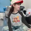Estilo Coreano Mistura de Lã Raglan Manga Longa Casual Camada Base Top Outono Inverno Meninas Fashionável Doce Estiloso Desenho Animado Gola Redonda Camiseta