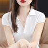 23 verano Nuevo polo cuello lana Tencel camiseta mujer corta suelta solapa suéter fino manga media top