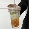 Vaso de Vidrio Transparente con Rayas Verticales Estilo Ins, Vaso Doméstico de Gran Capacidad con Popote, Alto Valor Estético, Adecuado para Bebidas Frías, Jugos y Café