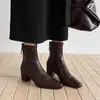 Botas Elegantes de Piel de Cordero Delgadas para Oficina, Silenciosas, Versátiles, con Punta Cuadrada Pequeña, Tacón Grueso, Cierre Trasero, Patchwork de Cuero, Botas de Moda