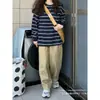 Camisa de manga larga a rayas retro americana para mujer, diseño holgado, estilo de nicho, top básico de manga larga para primavera y otoño