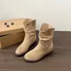 Botines de gamuza estilo western para mujer, nuevos botines de mezclilla otoño 2026, botines Martin plisados ajustados retro hasta la pantorrilla