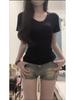 Preto V-neck cintura apertada ombro manga curta T-shirt 2024 Verão feminino Slim-fit emagrecimento Spice Girls estilo americano cintura alta top curto