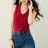 Ropa Nueva de Verano para Mujer 2026 Comercio Exterior Transfronterizo Top de Punto Rojo Elástico con Cuello en V Chaleco sin Mangas para Mujer Ropa de Abrigo de Verano