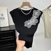 Camiseta de Manga Corta de Punto Elegante Ajustada Adelgazante con Diseño Floral Tridimensional de Estilo Francés Madura Versátil Top para Mujer...