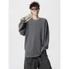 Camiseta de manga longa listrada canelada gola careca estilo americano, relaxada e casual, para homens, estilosa e bonita, blusa base de caimento solto na cor cinza