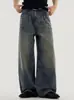 Venta al por mayor de fabricante jeans americanos de calle desgastados con corte curvo de unión de bambú para hombre, pantalones de calle hip hop ligeramente acampanados de pierna recta