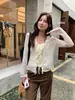 Conjunto Duas Peças Cardigan de Renda Franzida Verde Limão com Detalhe de Amarração + Camisola - Outono 2026 - Estilo Francês - Desejo Puro