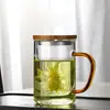 Conjunto de Xícaras de Chá de Vidro Borossilicato de Três Peças com Alça, Xícara de Infusão de Chá e Água para Separação no Escritório, Xícara de Chá Doméstica no Atacado com Tampa de Madeira
