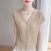 Top Ruched de Cuello V Suave Estilo Coreano de Manga Corta para Mujer, Blusa Nueva de Verano 2026 con Cuello V de Botones, Adelgazante y Versátil