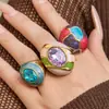 Anel Oval Colorido de Pedra de Vidro Esmaltada Estilo Europeu e Americano Misterioso para Mulheres, Aço Inoxidável Cor Dourada 18K Conservável Leve Luxo