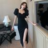 Vestido Dulce Fresco Verano 2025 Nuevo Estilo Manga Farol Francesa Slim Negro Falda Larga con Abertura para Mujer