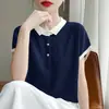 Camiseta de Verano Nueva Estilo Bloques de Color, Solapa Pequeña, Manga Corta, Mangas de Murciélago Raglán, Cuello Polo, Tejido Jacquard, Top Versátil para Mujer