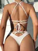 Biquíni Jacquard Branco 3D Europeu e Americano com Amarração no Pescoço para Mulheres Triângulo de Copas Profundo V Peça Única de Roupa de Banho para Férias na Praia