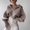 Suéter Feminino Novo Transfronteiriço Estilo Retrô Waffle Europeu e Americano Estilo Preguiçoso Casual Solto Manga Lanterna Gola Aberta Pulôver