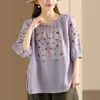 Camisa de Algodón Lino Bordada Artística de Manga Corta para Mujer Verano 2026 Nuevo Estilo Holgada Casual Delgada Cuello Redondo Top para Mujer