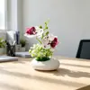 2 orquídeas phalaenopsis artificiais em um pequeno vaso raso, pedras falsas, bonsai de flor artificial, decoração de vaso de planta verde artificial para mesa