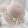 Sombrero de Paja Estilo Princesa para Niños, Sombrero de Sol de Verano con Protección Solar, Sombrero de Ala Ancha con Encaje y Perlas para Niñas, Set de Sombreros de Playa para Padres e Hijos