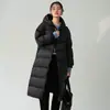 Chaqueta de plumón con capucha de alta gama transfronteriza con cintas para mujer, moda de invierno 2025, abrigo grueso para pareja hasta la rodilla, popular