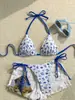 Bestseller de Amazon 2026: Conjunto de Bikini Halter Blanco y Azul con Temática Oceánica para Mujer, con un Fresco Estilo Playero