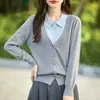 Cárdigan de punto fino de lana con bloques de color, efecto dos piezas, para mujer, nueva chaqueta de punto de otoño e invierno, top casual versátil