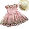 Vestido de Malla para Niña Verano Fresa Cuello de Ganchillo Mariposa Tridimensional Mangas Volantes Parche Bordado Floral Vestido de Princesa